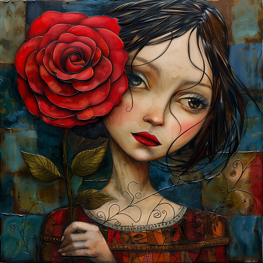 Peinture d'une jeune fille tenant une rose