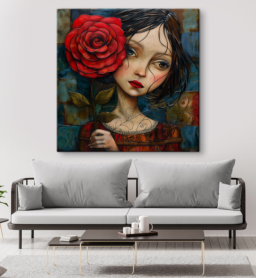 Peinture d'une jeune fille tenant une rose