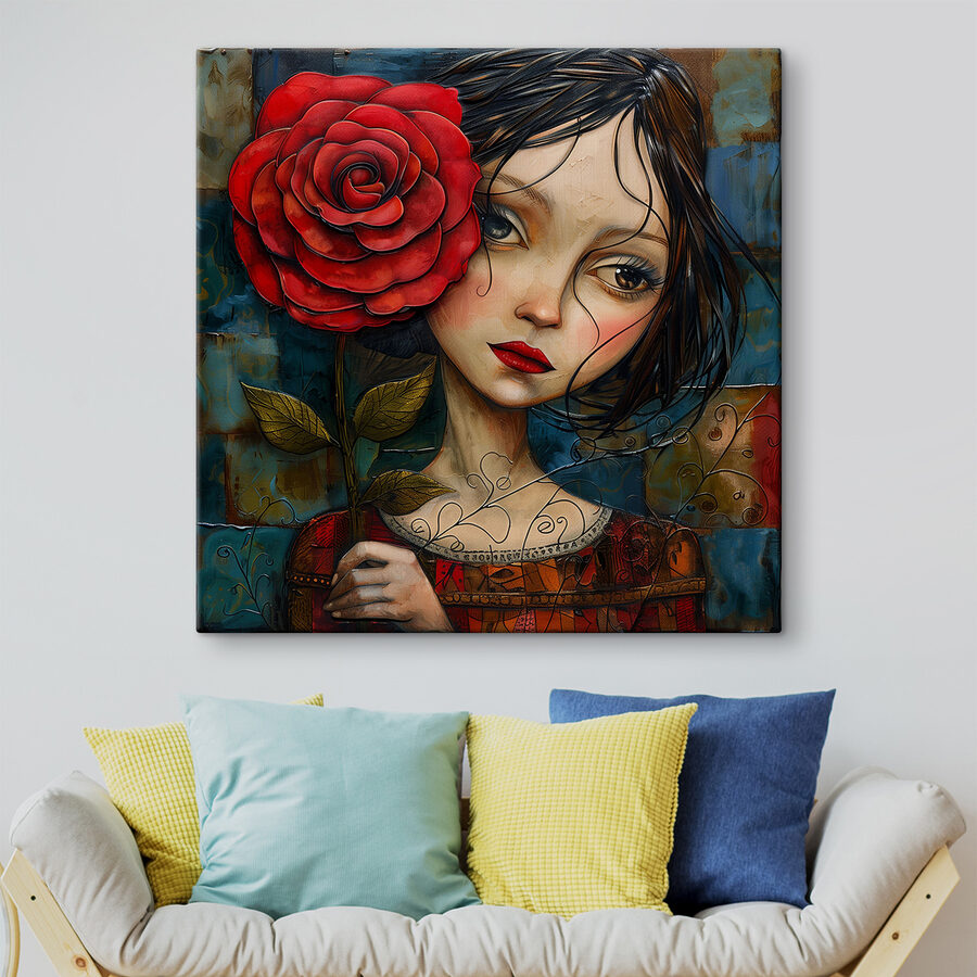 Peinture d'une jeune fille tenant une rose