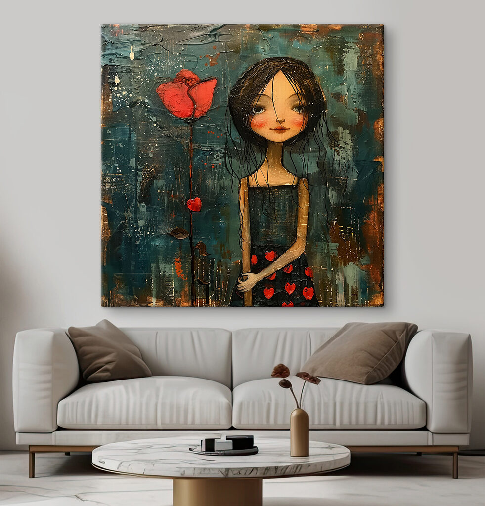 Painting of a girl holding a flower Painting of a girl holding a flower