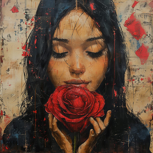 Peinture d'une femme tenant une rose rouge Peinture d'une femme tenant une rose rouge