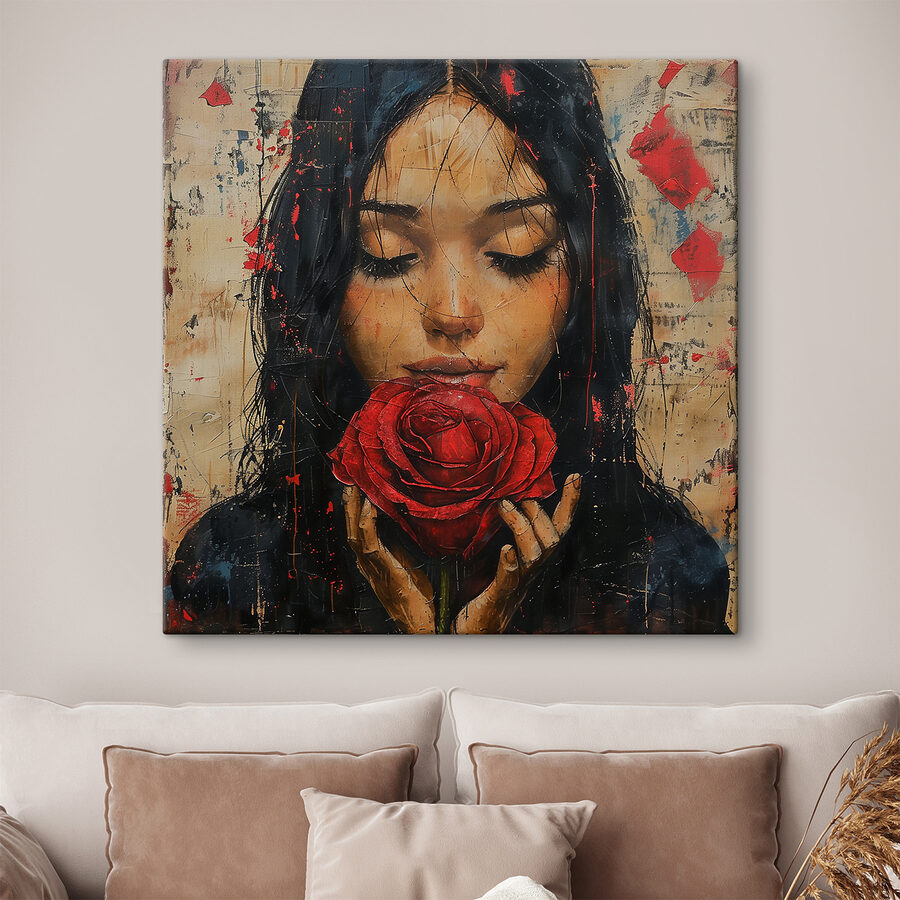 Peinture d'une femme tenant une rose rouge Peinture d'une femme tenant une rose rouge