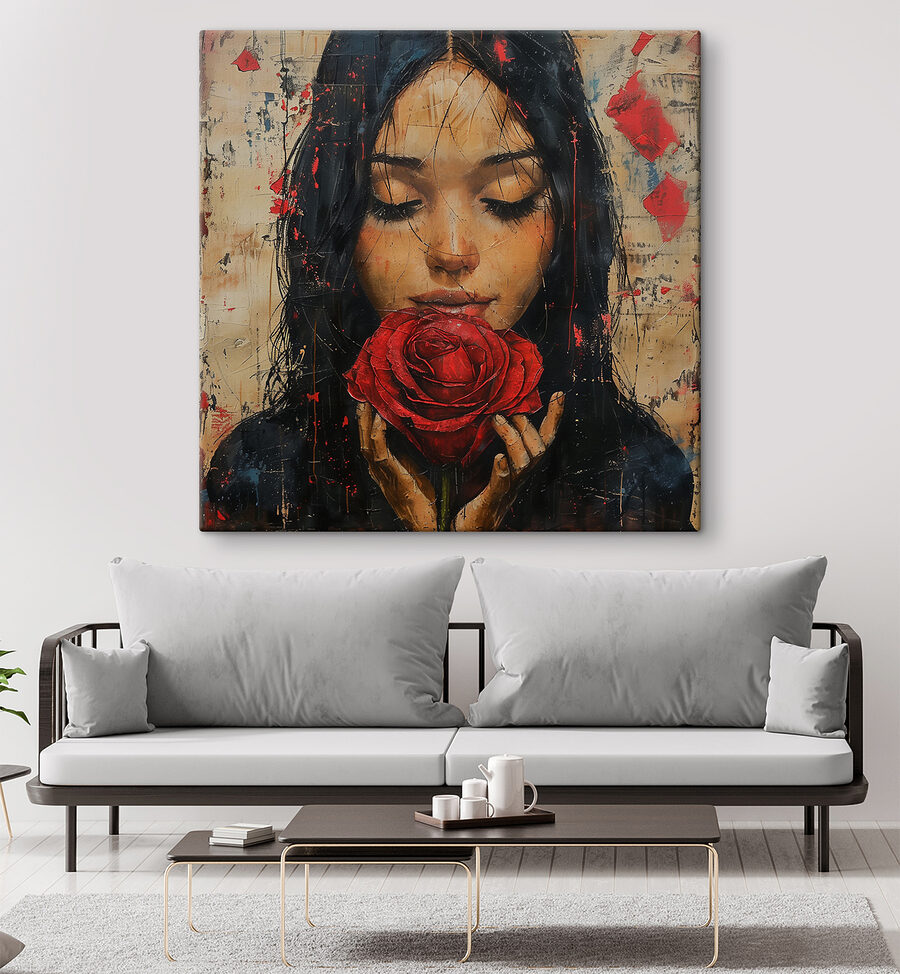 Peinture d'une femme tenant une rose rouge Peinture d'une femme tenant une rose rouge