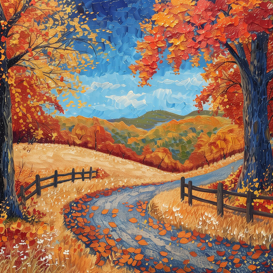 Peinture d'une route avec des arbres et une clôture