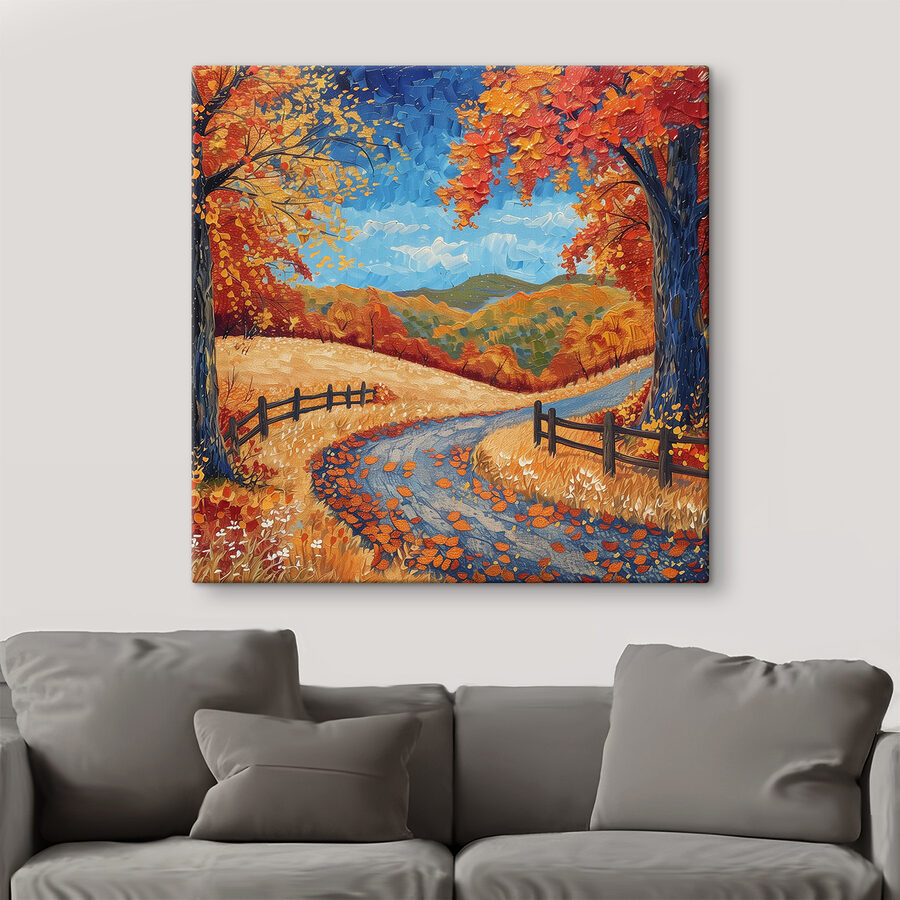 Peinture d'une route avec des arbres et une clôture