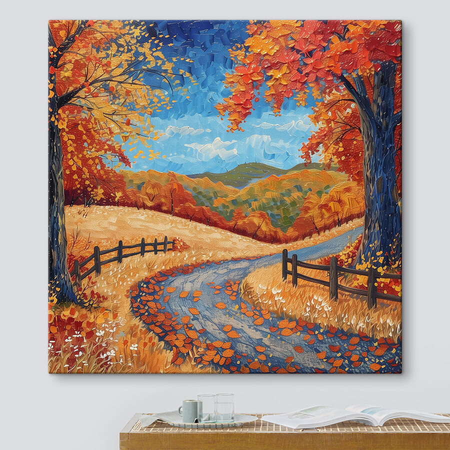 Peinture d'une route avec des arbres et une clôture