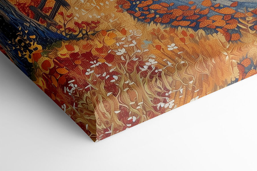 Peinture d'une route avec des arbres et une clôture