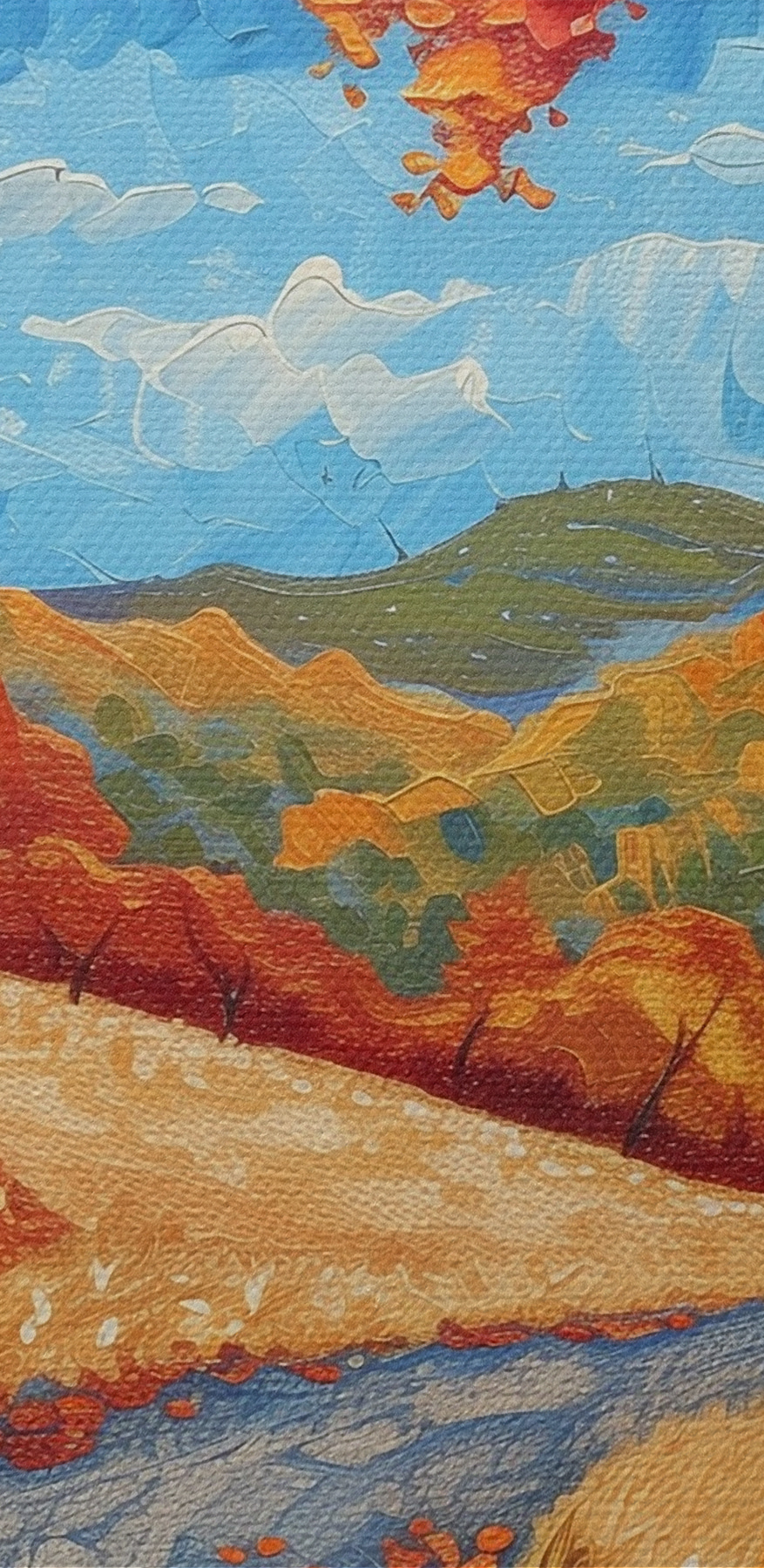 Peinture d'une route avec des arbres et une clôture