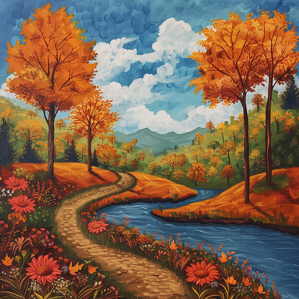 Peinture d'une rivière traversant une forêt Peinture d'une rivière traversant une forêt