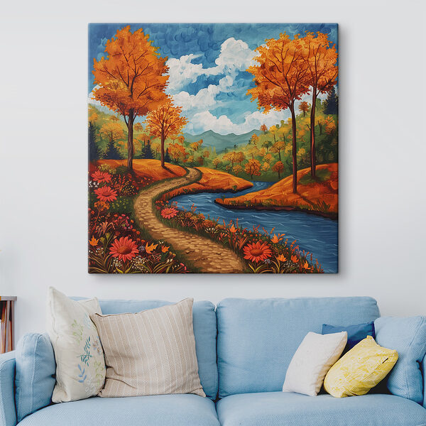 Peinture d'une rivière traversant une forêt Peinture d'une rivière traversant une forêt