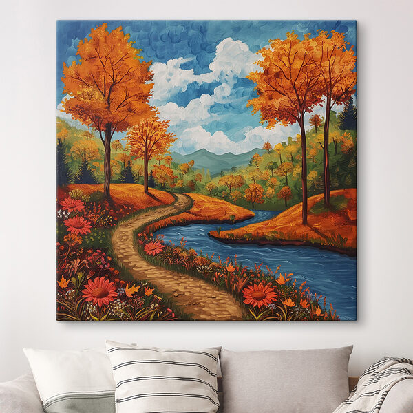 Peinture d'une rivière traversant une forêt Peinture d'une rivière traversant une forêt