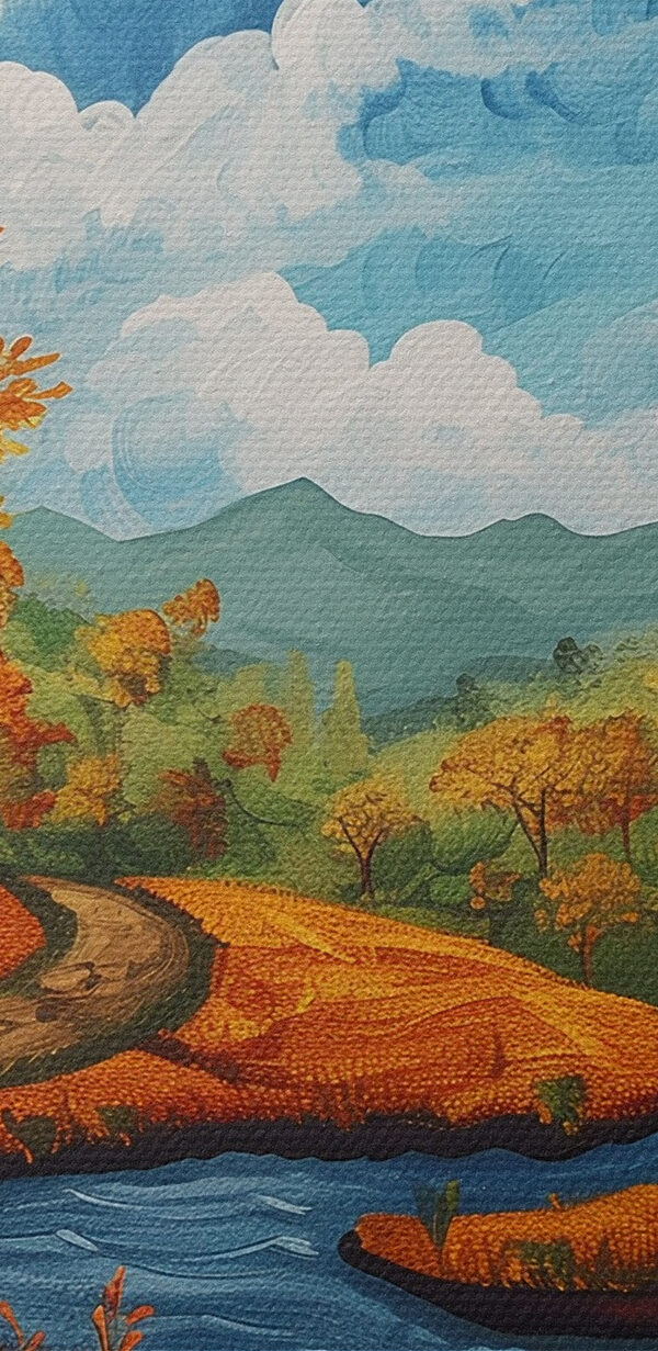 Peinture d'une rivière traversant une forêt Peinture d'une rivière traversant une forêt