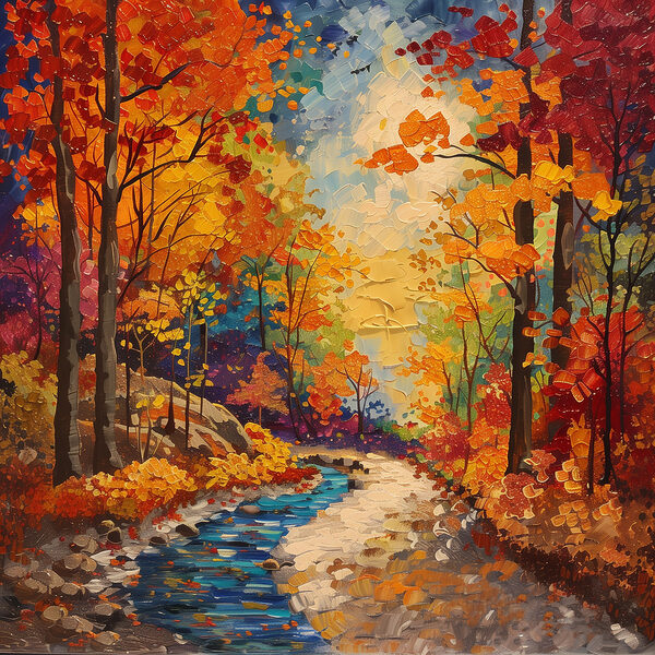 Peinture d'une rivière traversant une forêt Peinture d'une rivière traversant une forêt
