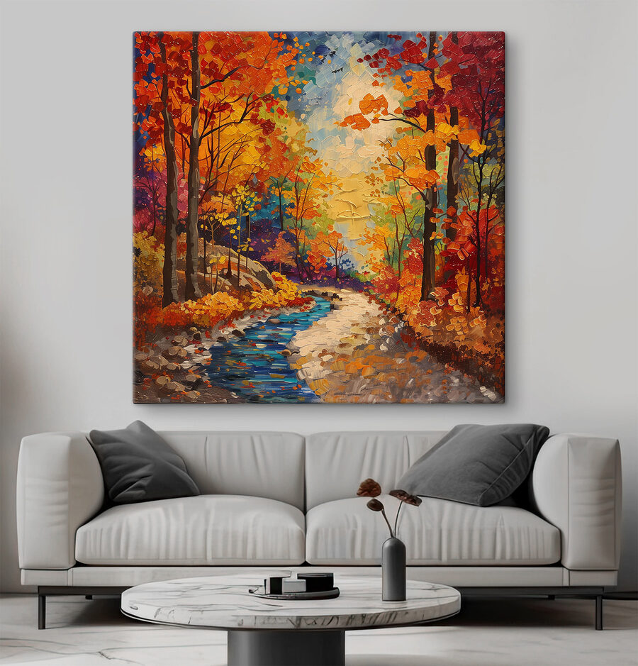 Peinture d'une rivière traversant une forêt