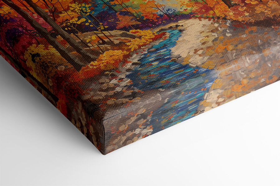Peinture d'une rivière traversant une forêt
