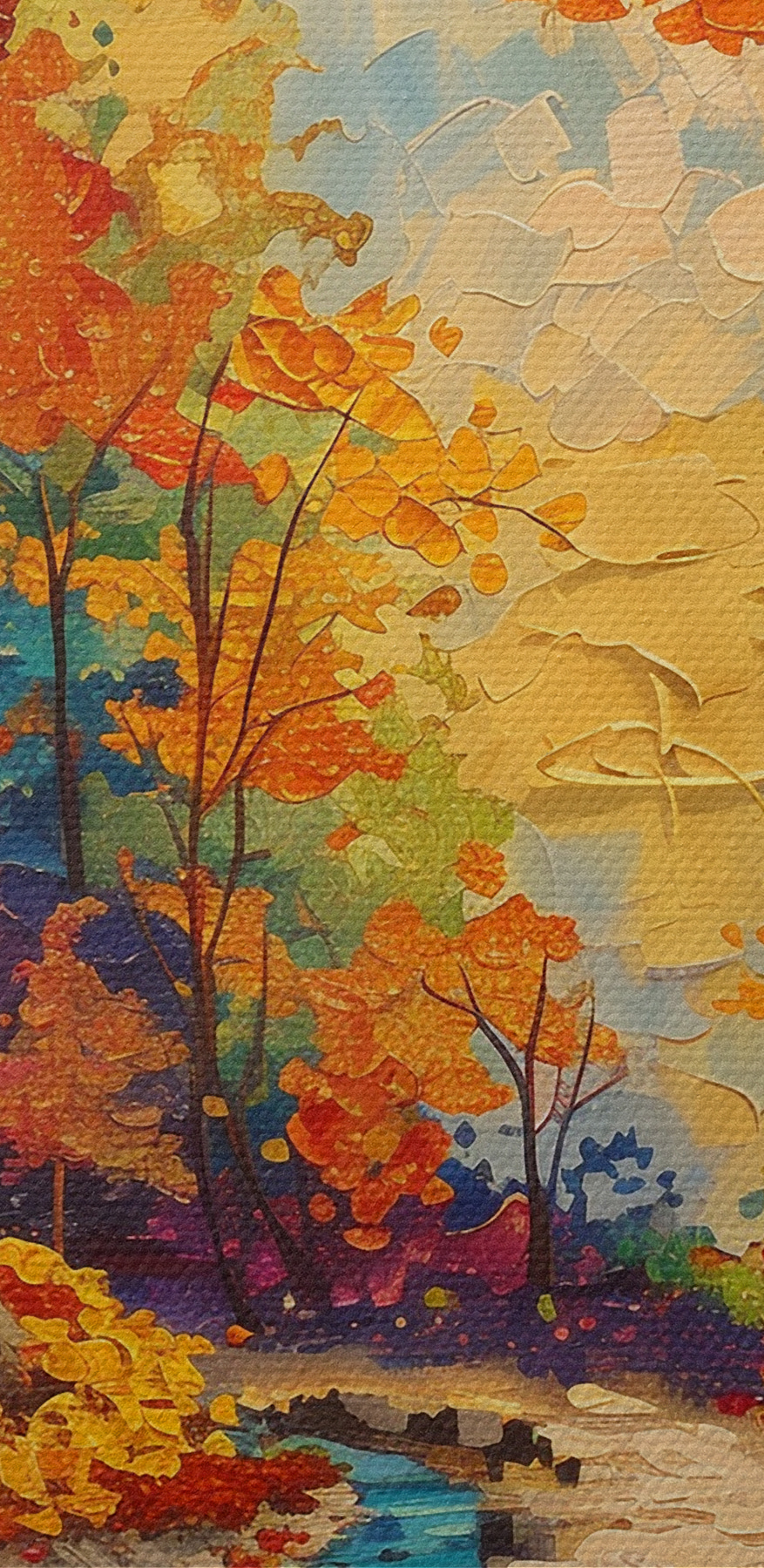 Peinture d'une rivière traversant une forêt