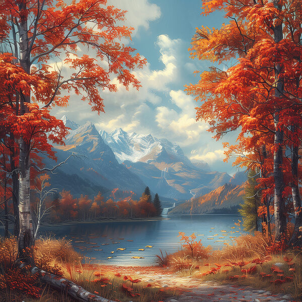 Lac avec des feuilles orangées et des montagnes en arrière-plan Lac avec des feuilles orangées et des montagnes en arrière-plan