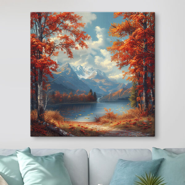 Lac avec des feuilles orangées et des montagnes en arrière-plan Lac avec des feuilles orangées et des montagnes en arrière-plan