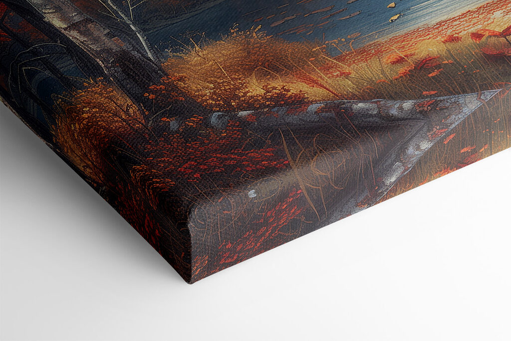 Lake with orange leaves and mountains in the background