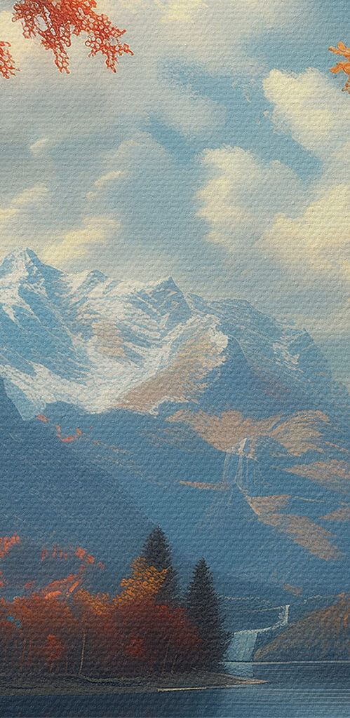 Lake with orange leaves and mountains in the background