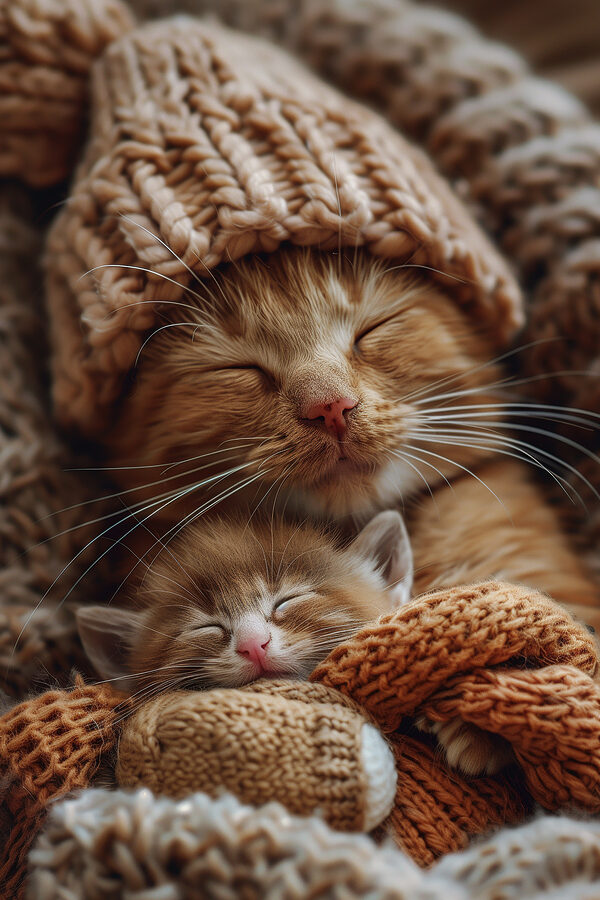 Chat et chaton avec bonnets tricotés Chat et chaton avec bonnets tricotés