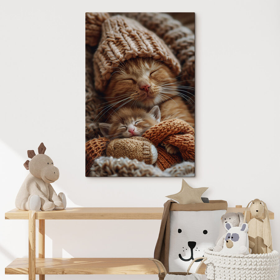 Chat et chaton avec bonnets tricotés