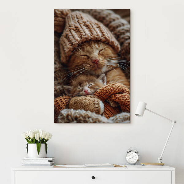 Chat et chaton avec bonnets tricotés Chat et chaton avec bonnets tricotés