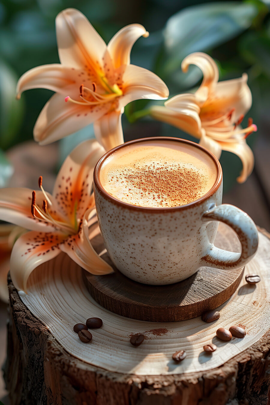 Tasse à café avec mousse sur une souche de bois avec des fleurs Tasse à café avec mousse sur une souche de bois avec des fleurs