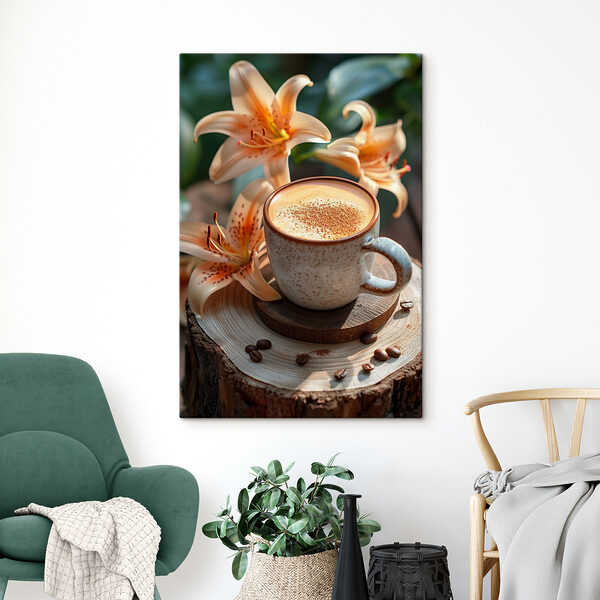Tasse à café avec mousse sur une souche de bois avec des fleurs Tasse à café avec mousse sur une souche de bois avec des fleurs