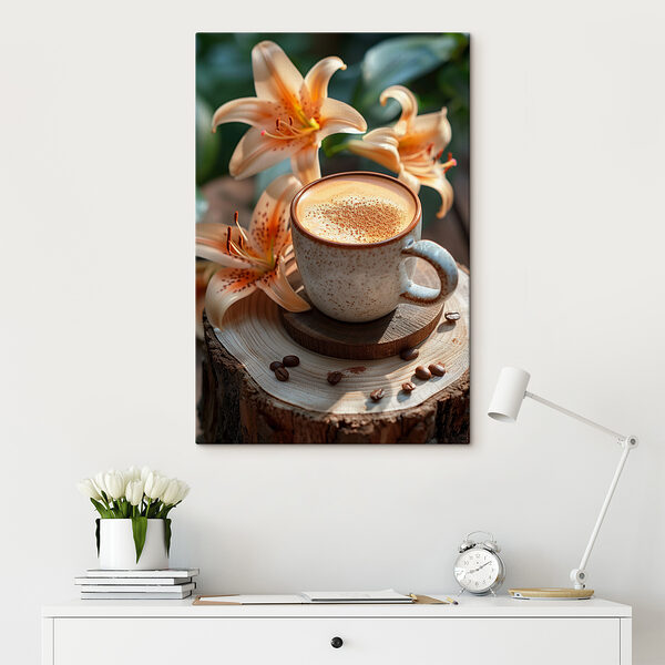 Tasse à café avec mousse sur une souche de bois avec des fleurs Tasse à café avec mousse sur une souche de bois avec des fleurs