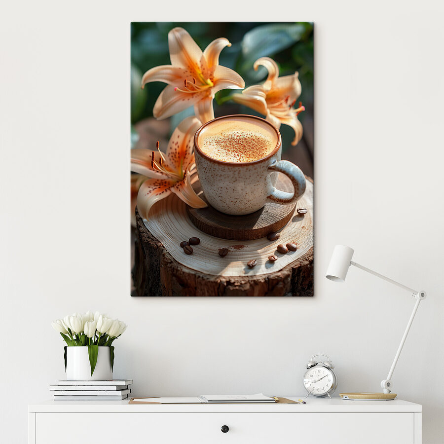 Tasse à café avec mousse sur une souche de bois avec des fleurs Tasse à café avec mousse sur une souche de bois avec des fleurs