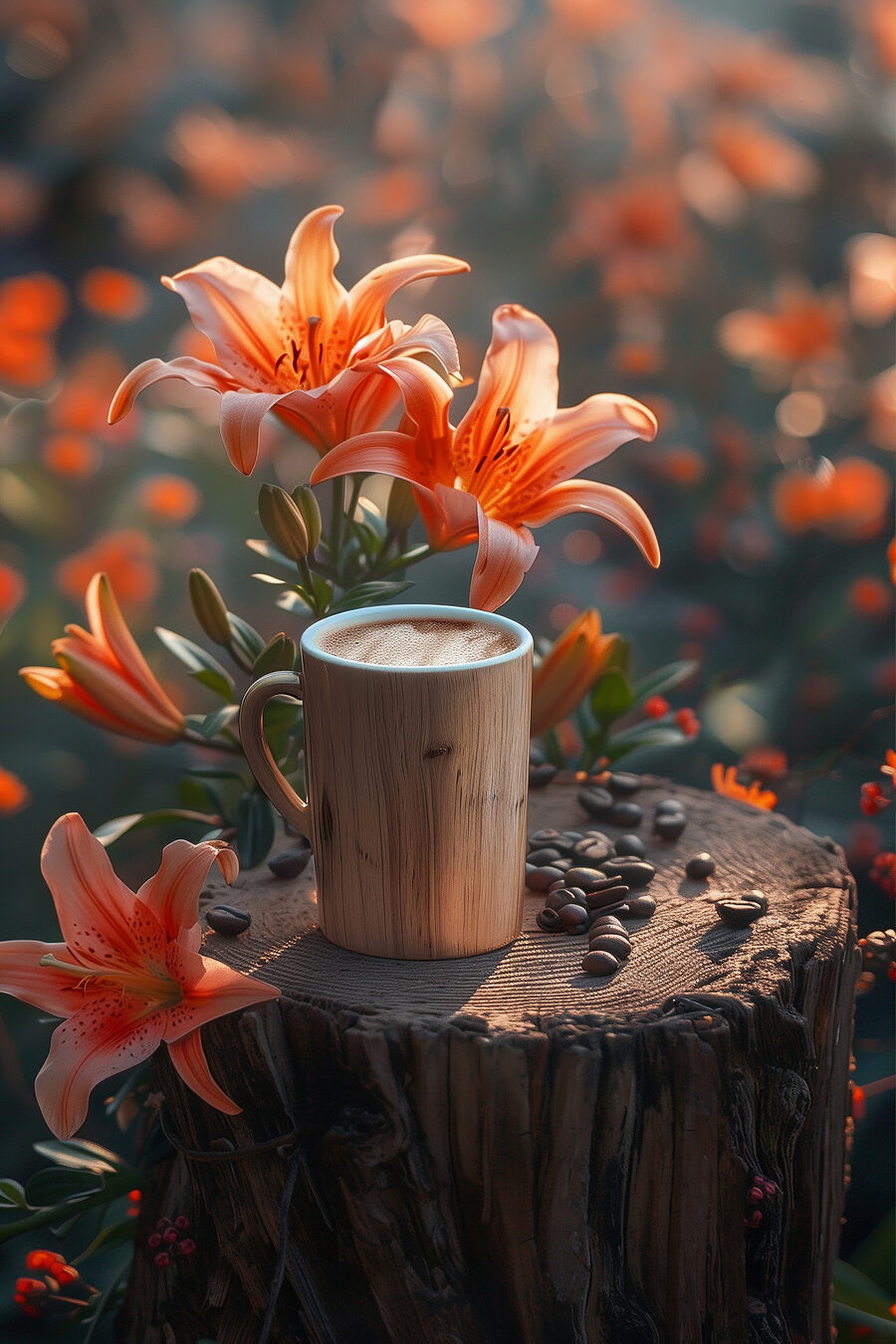 Tasse de café sur une souche avec des fleurs d'oranger
