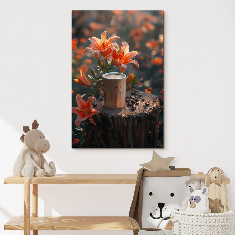 Tasse de café sur une souche avec des fleurs d'oranger