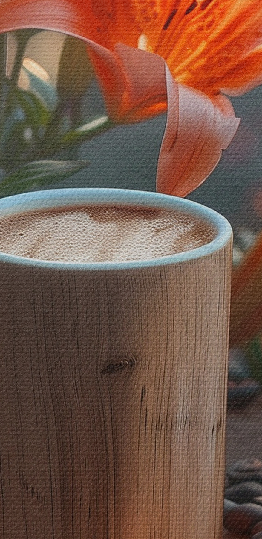 Tasse de café sur une souche avec des fleurs d'oranger