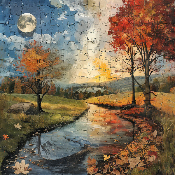 Puzzle d'une rivière avec des arbres et une lune Puzzle d'une rivière avec des arbres et une lune