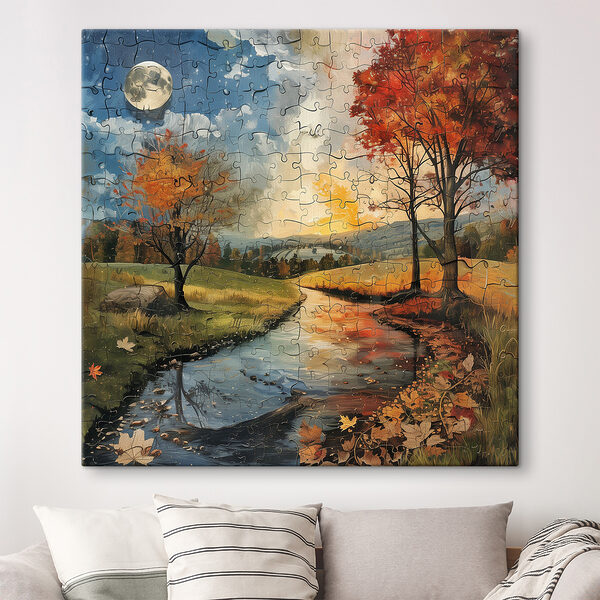Puzzle d'une rivière avec des arbres et une lune Puzzle d'une rivière avec des arbres et une lune
