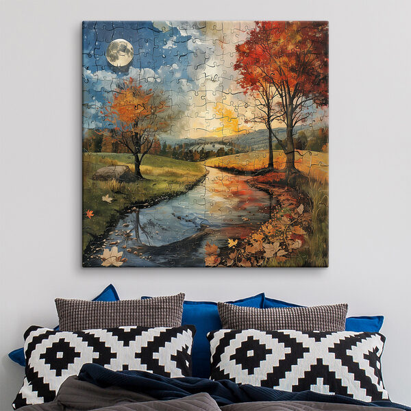 Puzzle d'une rivière avec des arbres et une lune Puzzle d'une rivière avec des arbres et une lune