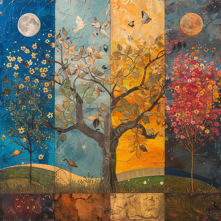 Tableaux Peinture d'un arbre avec différentes couleurs d'arbres et d'oiseaux – Image 10