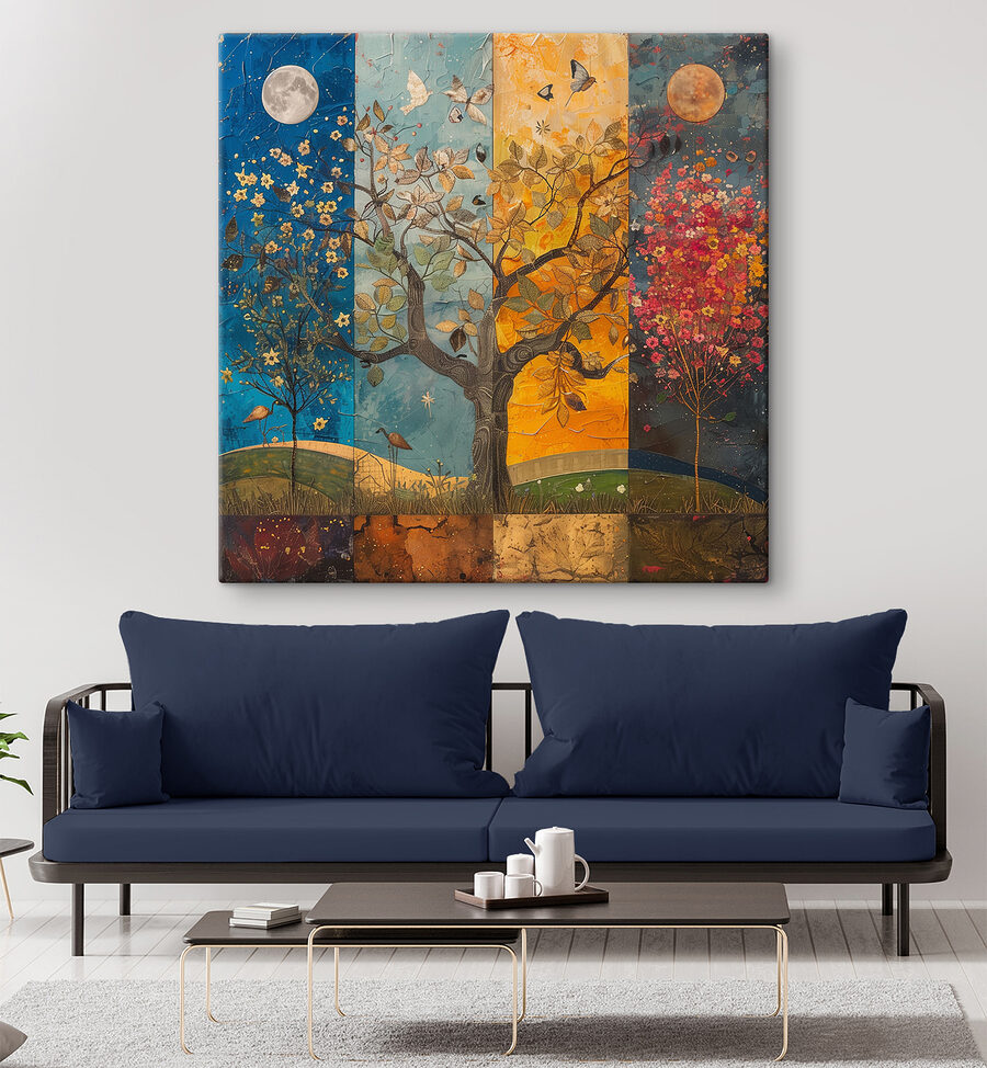 Tableaux Peinture d'un arbre avec différentes couleurs d'arbres et d'oiseaux