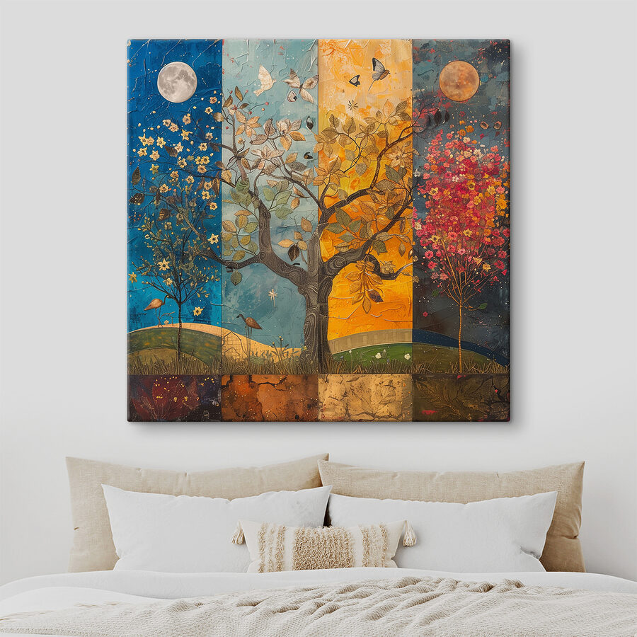 Tableaux Peinture d'un arbre avec différentes couleurs d'arbres et d'oiseaux – Image 2