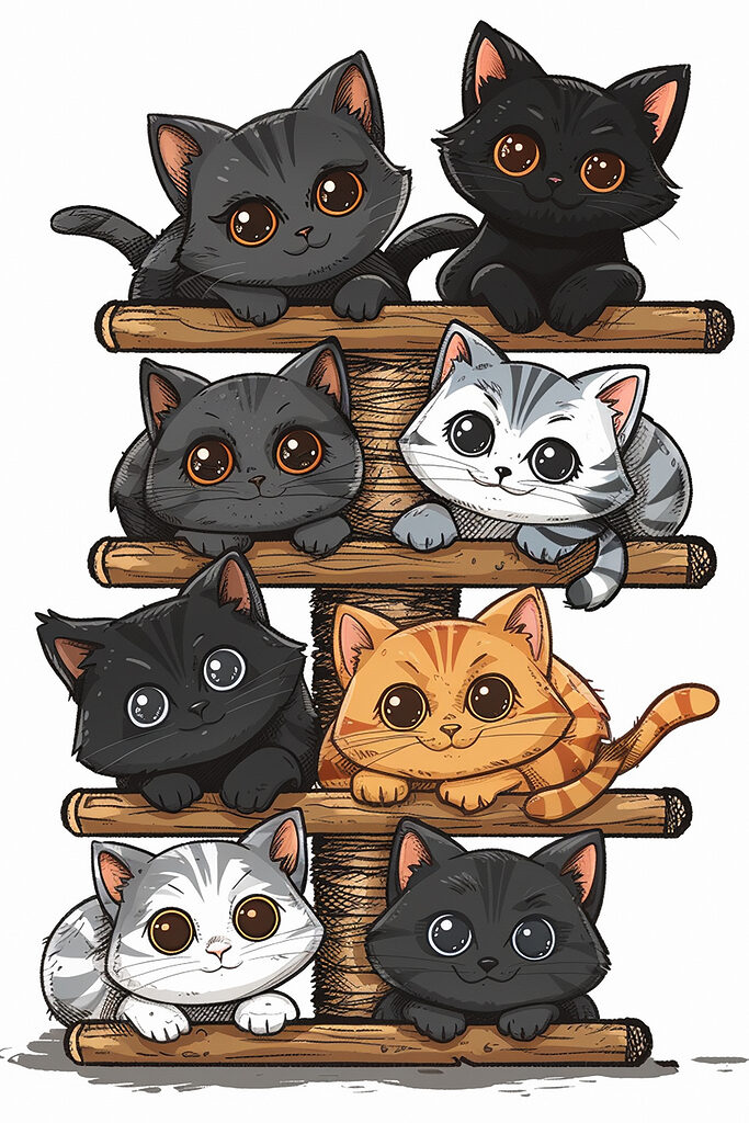 Group of cats on a wooden structure
