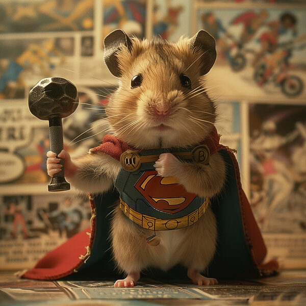 Hamster portant une cape et tenant un marteau Hamster portant une cape et tenant un marteau