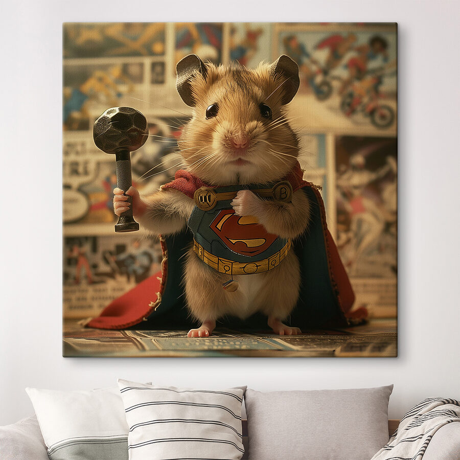 Hamster portant une cape et tenant un marteau
