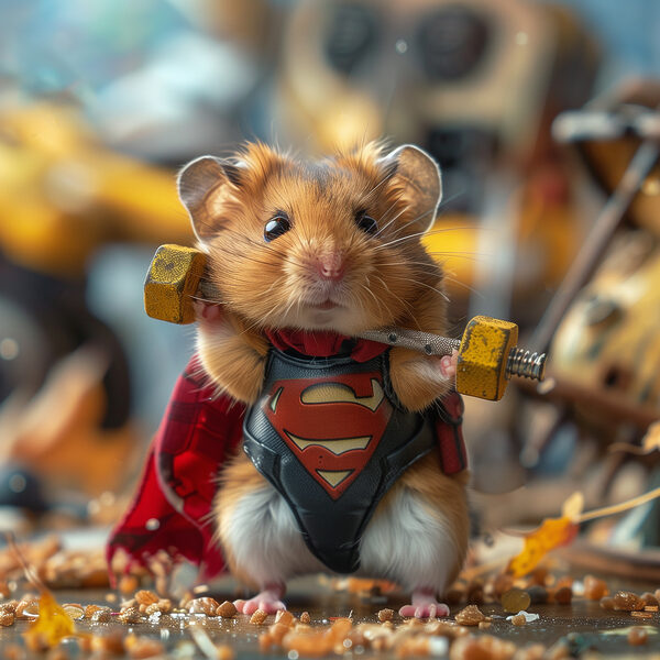 Hamster portant un vêtement de super-héros et tenant une barre d'haltères Hamster portant un vêtement de super-héros et tenant une barre d'haltères