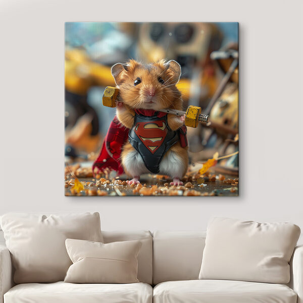 Hamster portant un vêtement de super-héros et tenant une barre d'haltères Hamster portant un vêtement de super-héros et tenant une barre d'haltères