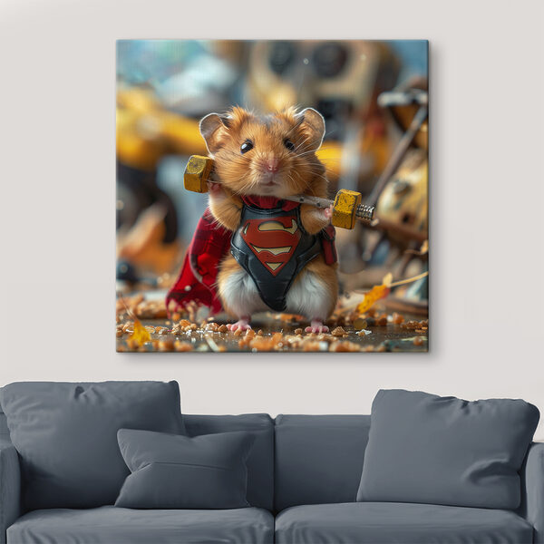 Hamster portant un vêtement de super-héros et tenant une barre d'haltères Hamster portant un vêtement de super-héros et tenant une barre d'haltères