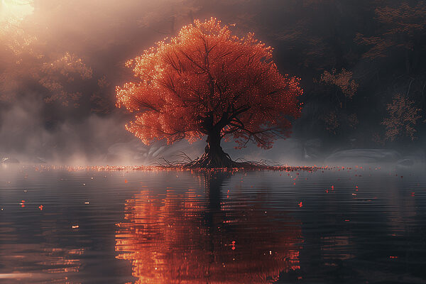 Arbre avec des feuilles d'oranger dans un lac Arbre avec des feuilles d'oranger dans un lac