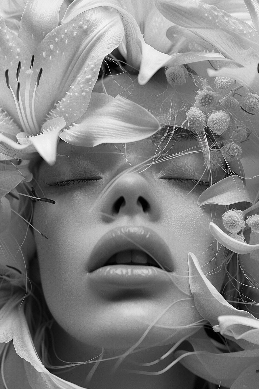 Femme avec des fleurs autour du visage