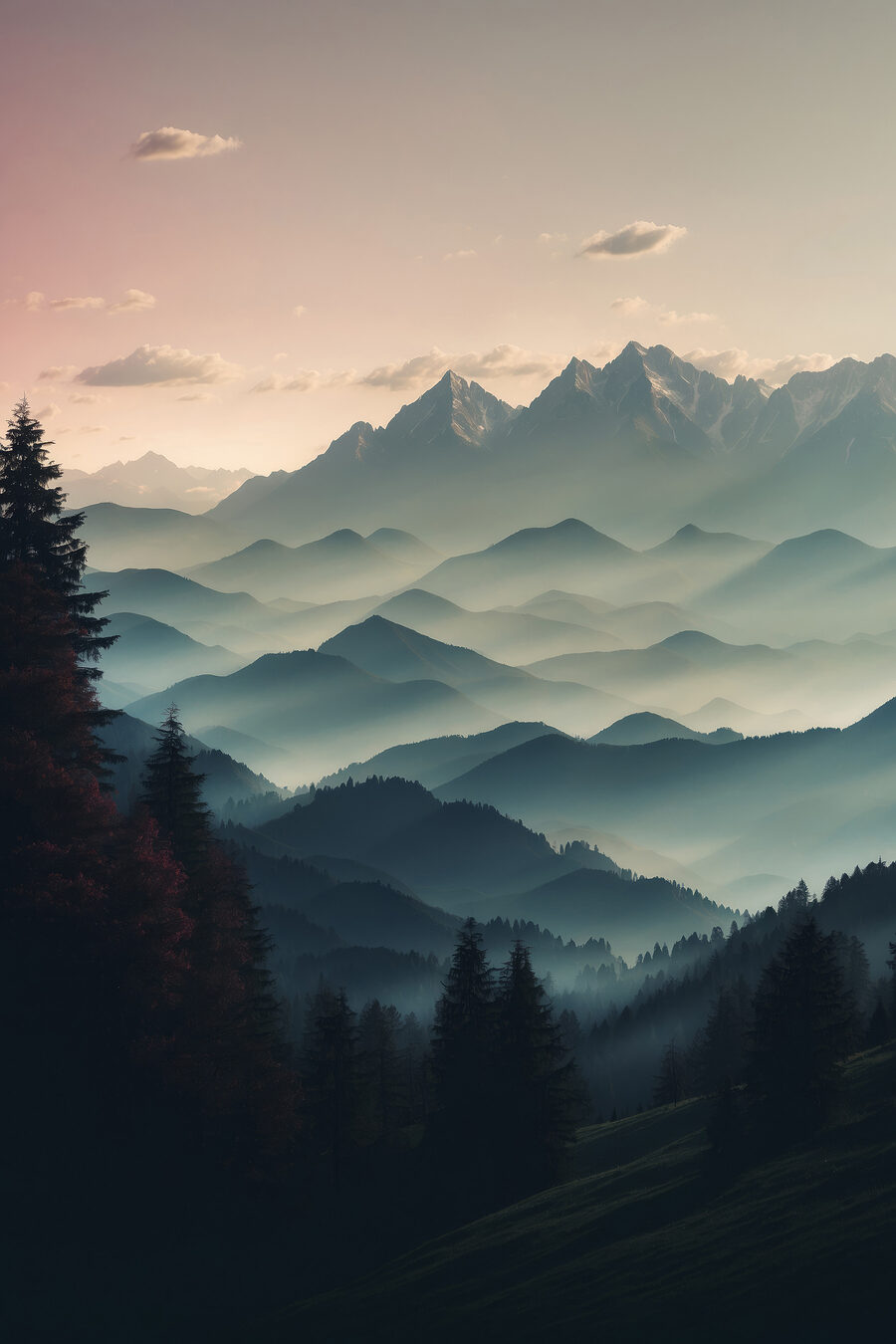 Chaîne de montagnes avec arbres et nuages