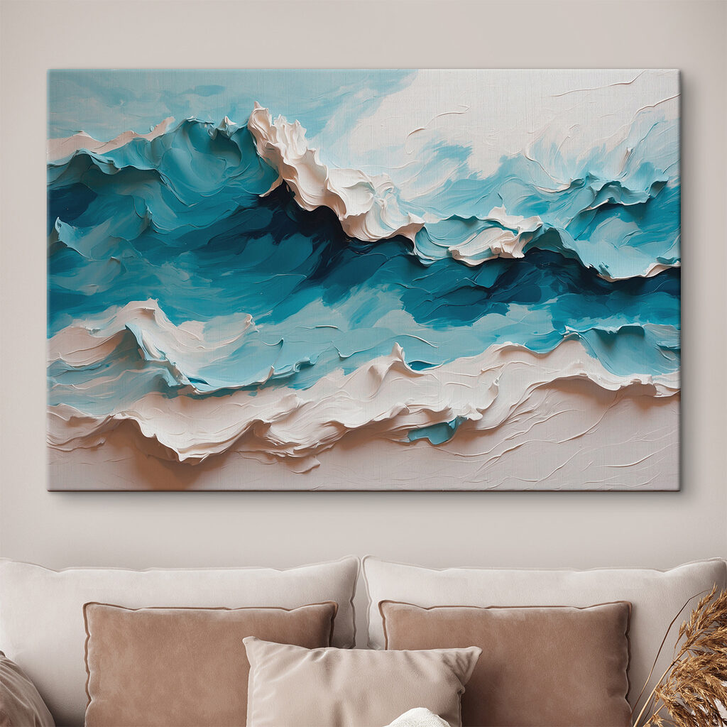 Painting of a mountain with white and blue waves Painting of a mountain with white and blue waves